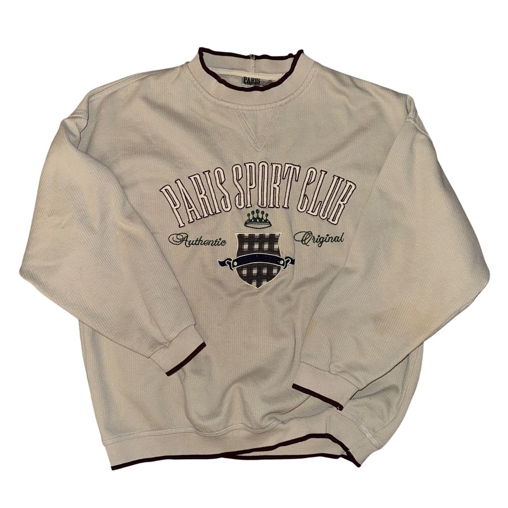 Vintage Paris Sport Club Waffle Knit Sweatshirt Cream Burgundy Trim Mens Medium